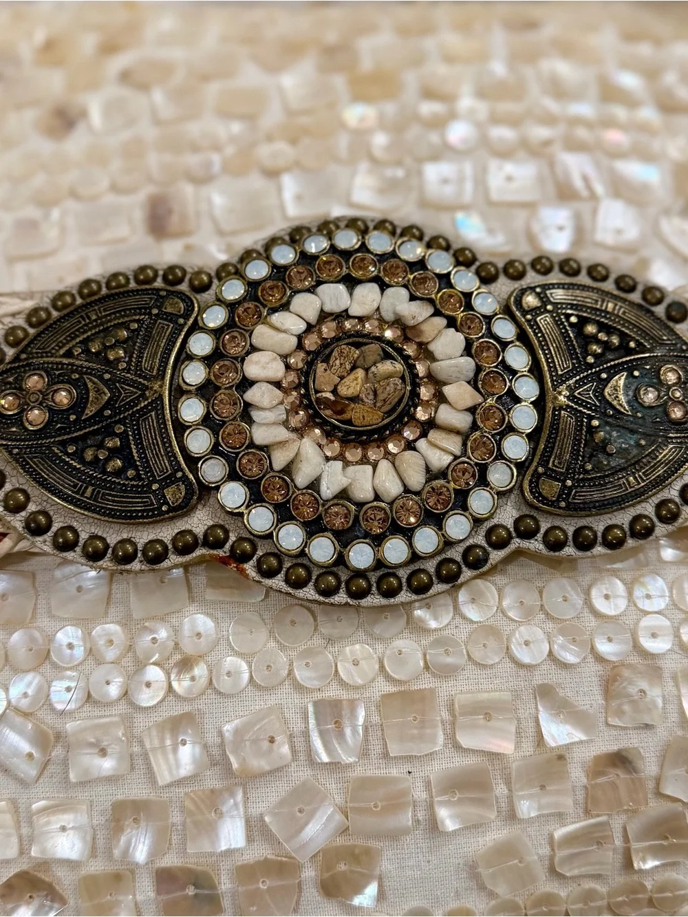 Leatherock Mother-of-Pearl Woven Clutch in Ivory and Gold-Tone Accents